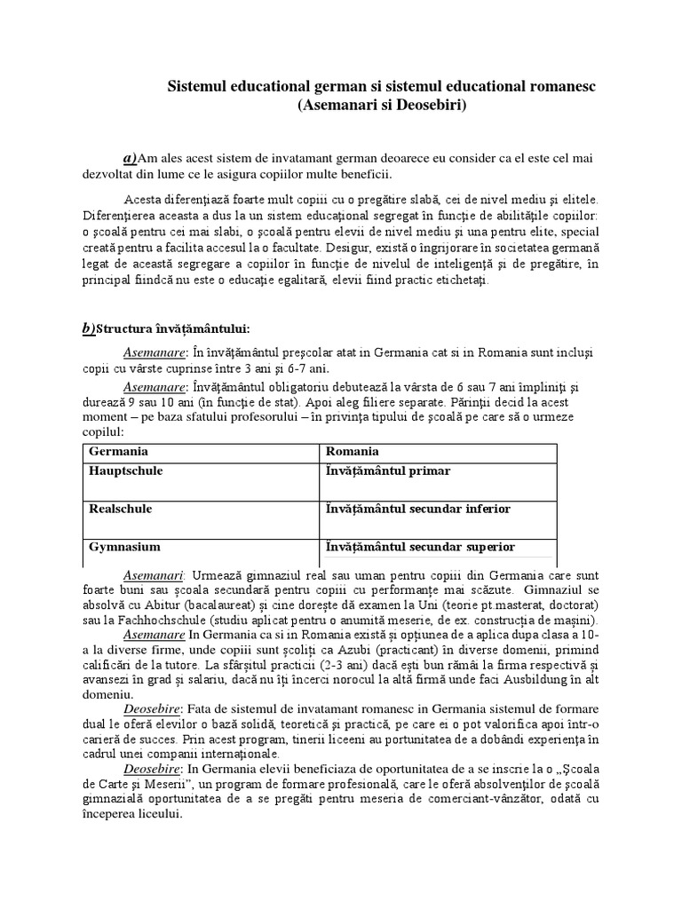 Sistemul De Invatamant Din Germania Fata De Cel Romanesc
