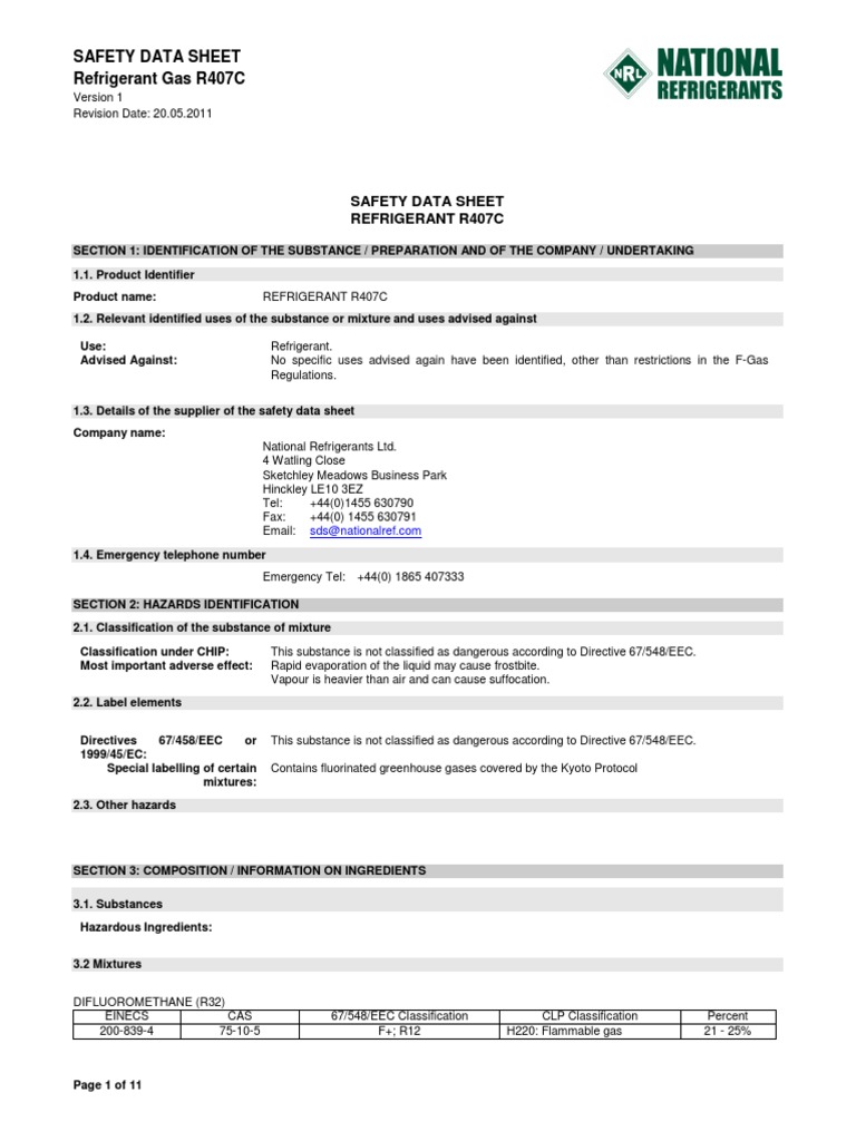 Safety Data Sheet R407C | PDF | Toxicity | Chemical Reactions