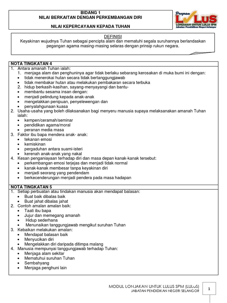 Bidang 1 Nilai Berkaitan Dengan Perkembangan Diri Pdf
