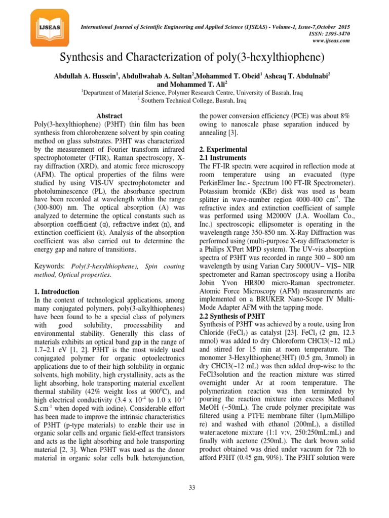 Synthesis and Characterization of Poly (3-Hexylthiophene) | Download ...