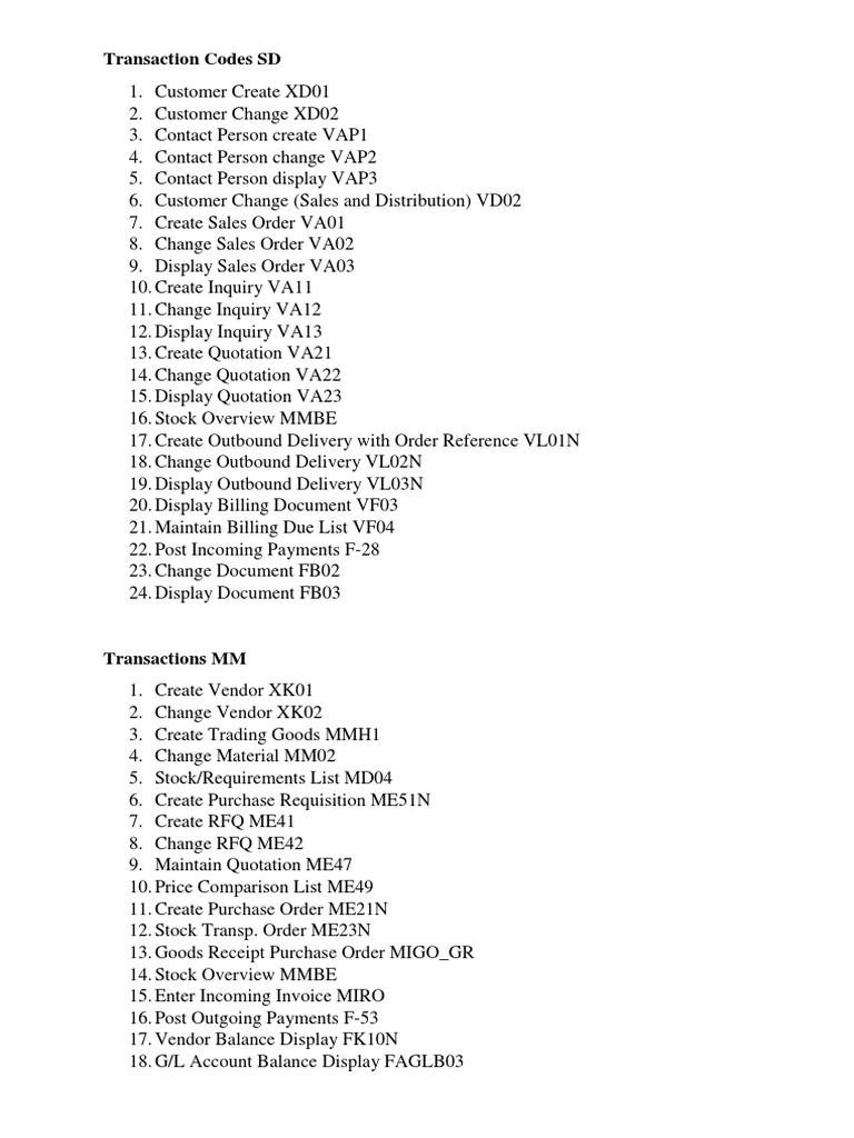 Transaction Codes SD | PDF