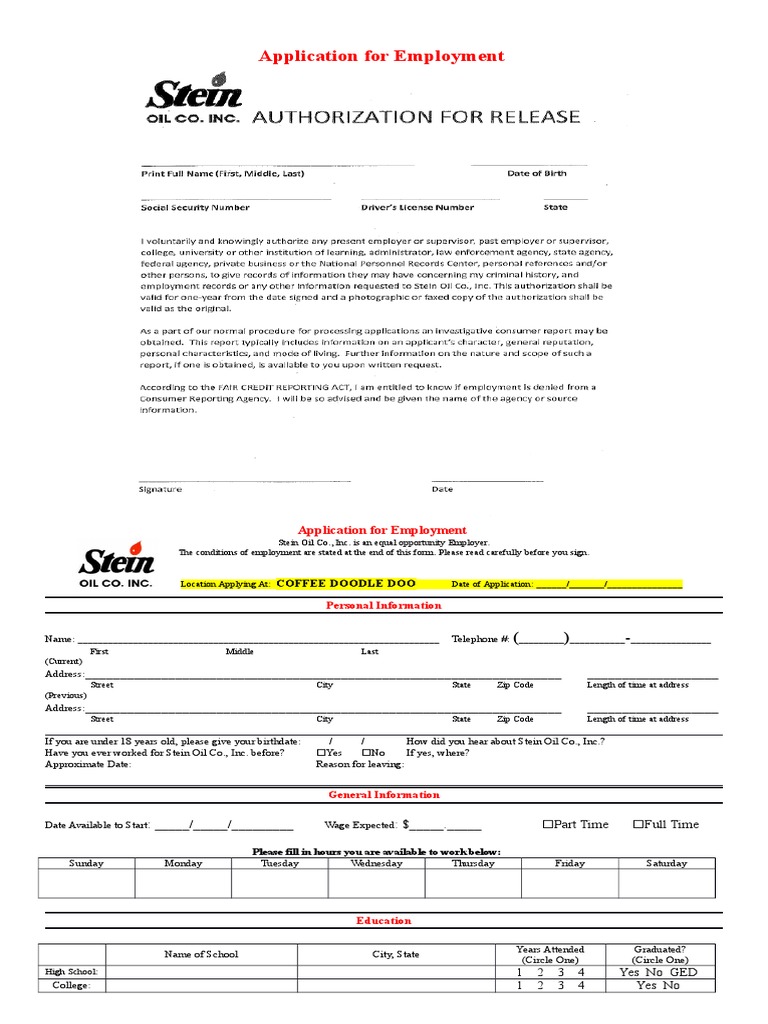 Job Application for Stein Oil | PDF | Employment | Government Information