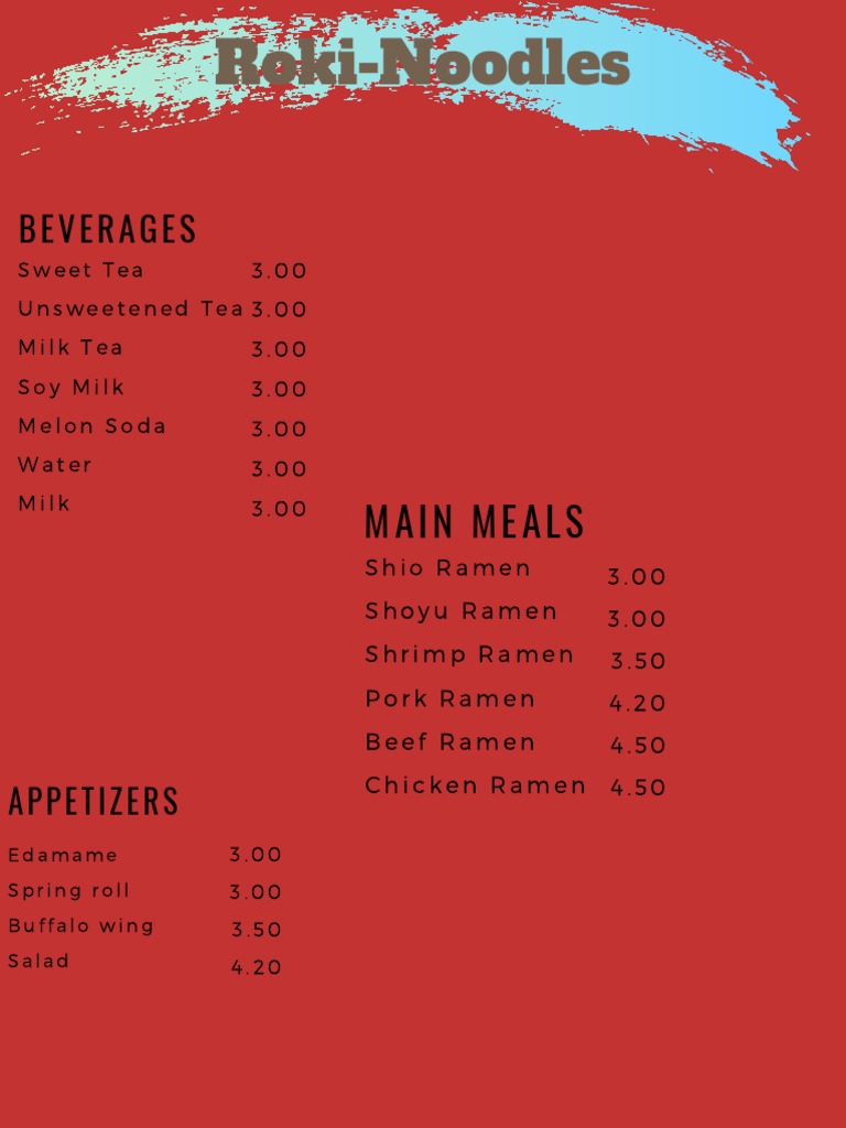 Roki-Noodles Menu: Ramen & Beverages | PDF | Cooking, Food & Wine