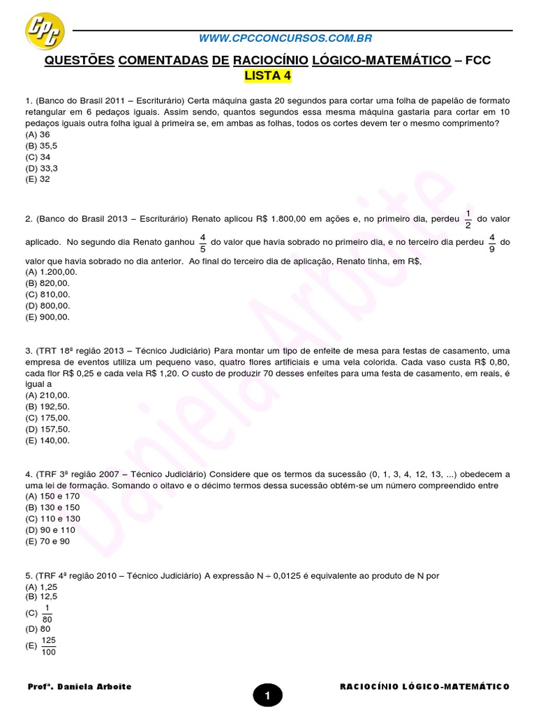 Questões de Raciocínio Lógico Fáceis | PDF | Ensino de Matemática | Science