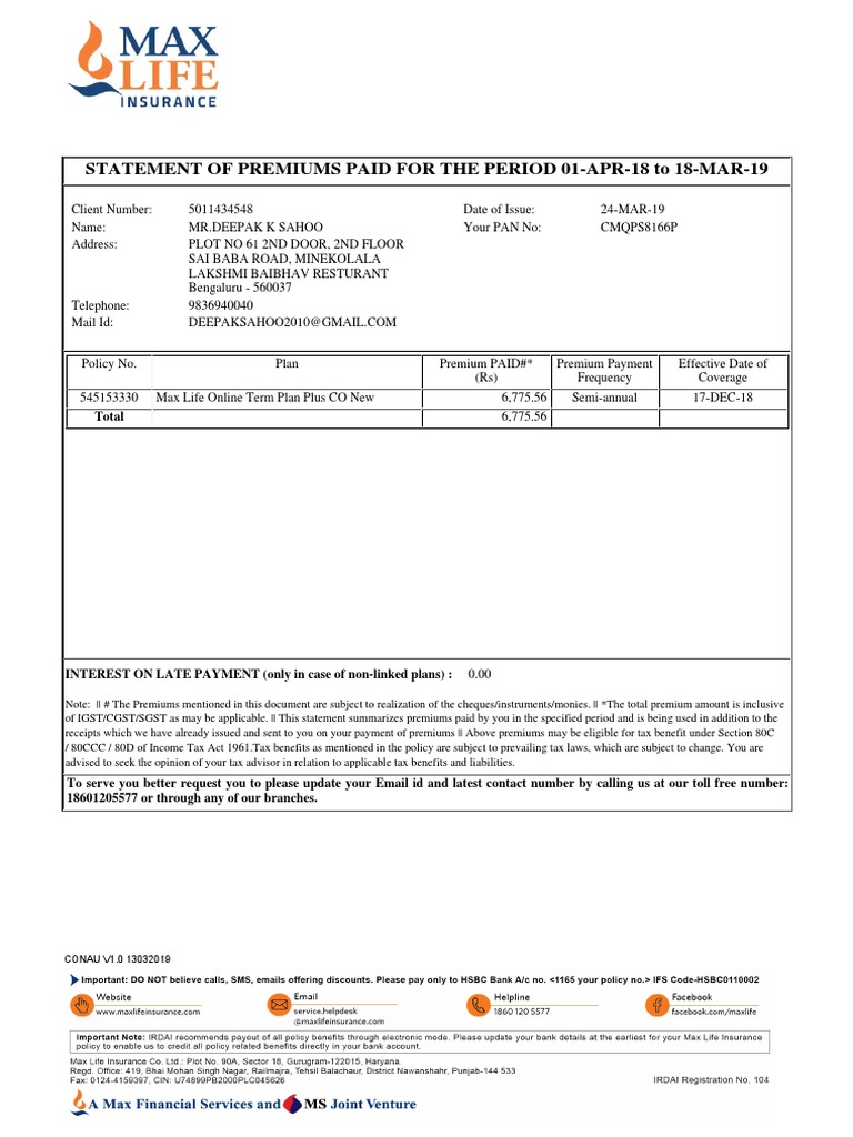 Premium Payment Statement 2018-2019 | PDF | Finance & Money Management