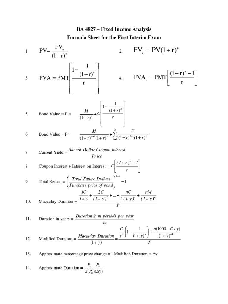 Fixed Income Analysis Exam Formula Sheet | PDF | Bond Duration | Taxes