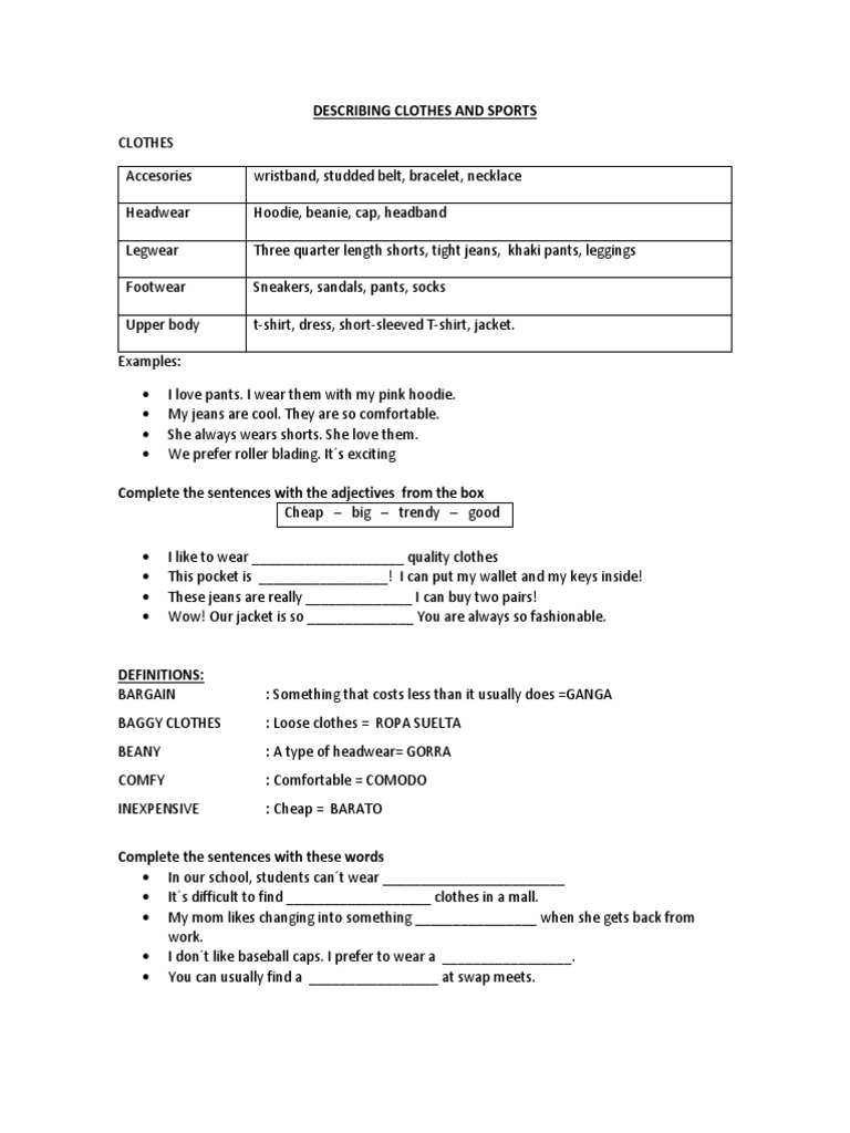 Describing Clothes and Sports Vocabulary | PDF | Clothing | Onomastics
