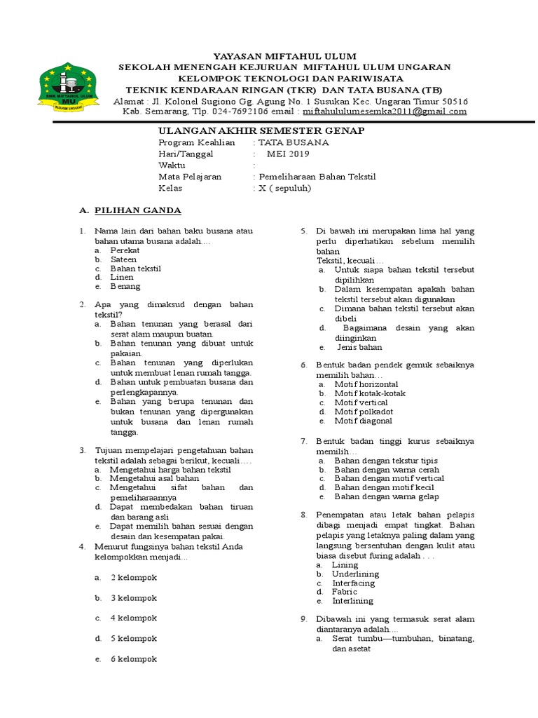 Soal Uas Ganjil Bahan Textil
