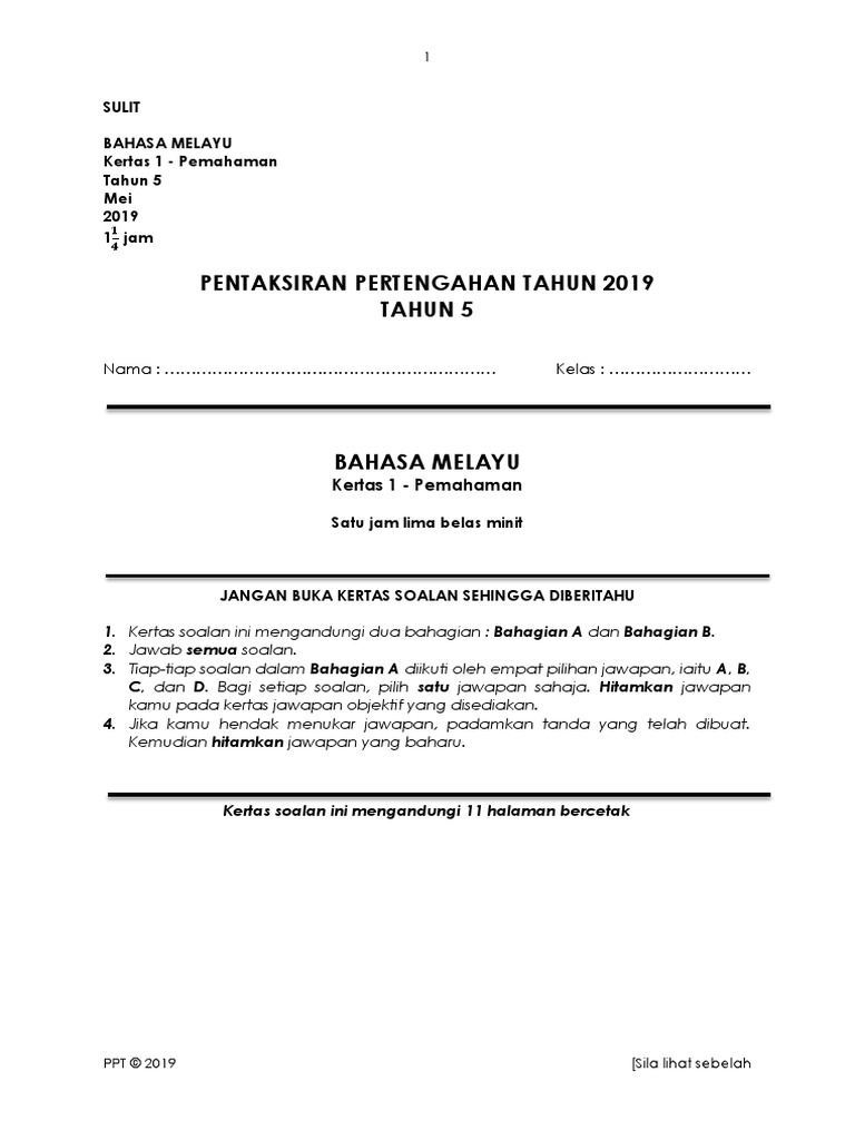 Soalan Ppt 2019 Bm T5 K1 Pdf