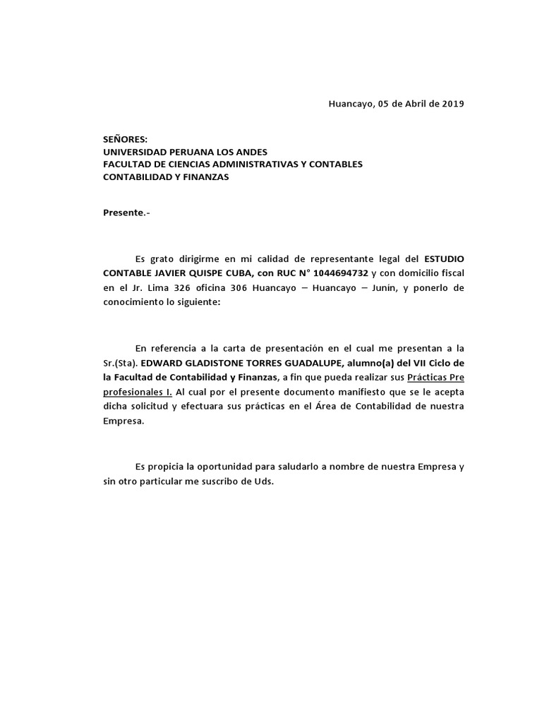 Modelo De Carta De Aceptacion De Practicas Pre Profesionales 2022 