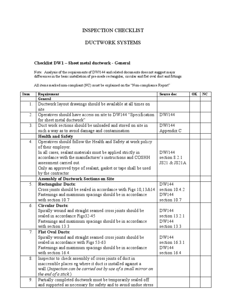 DW144 Ductwork Installation Checklist | PDF | Duct (Flow) | Building ...