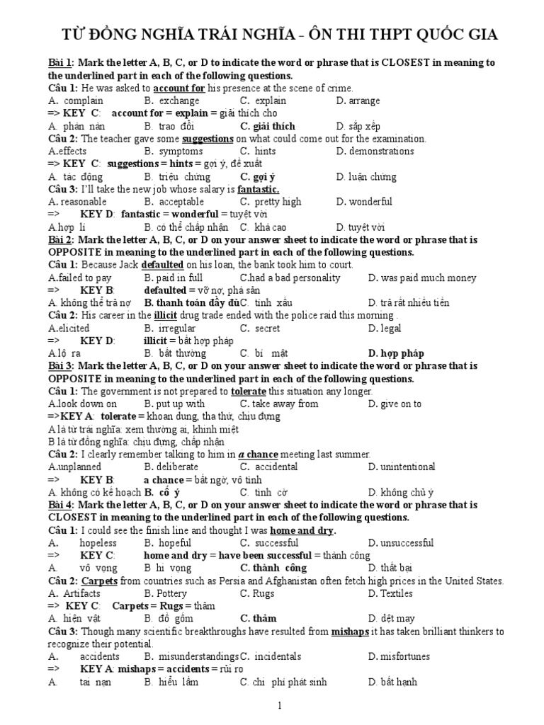 Tu Dong Nghia Tu Trai Nghia On Thi THPT QG PDF Nature