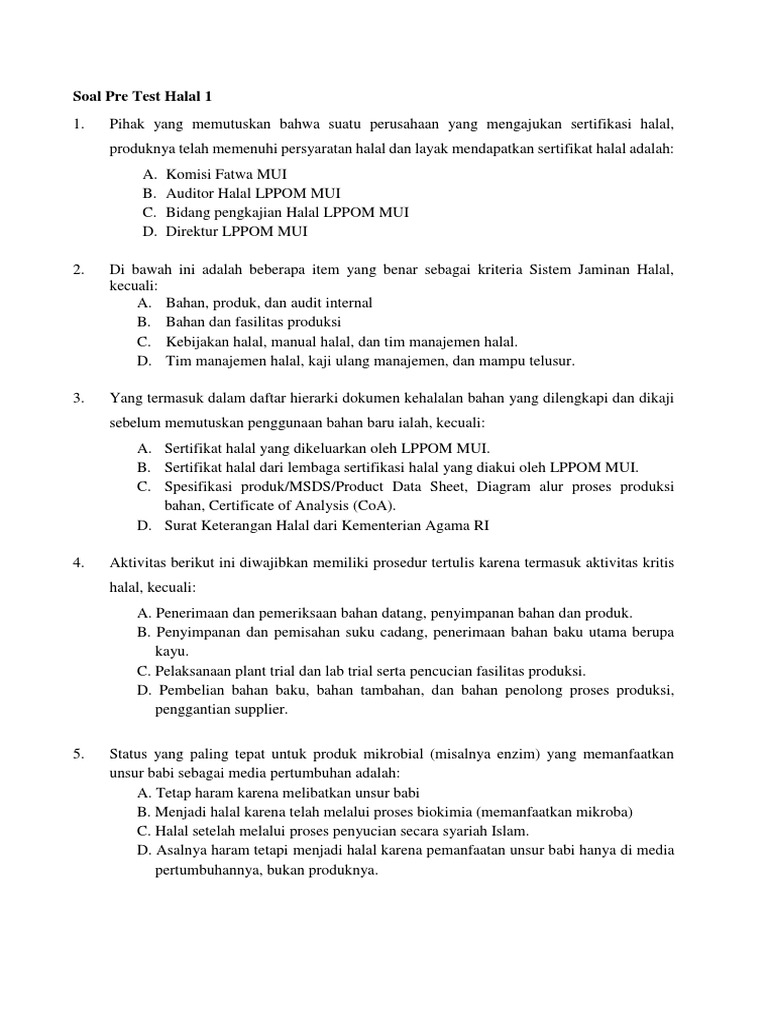 Soal Pre Test Halal | PDF