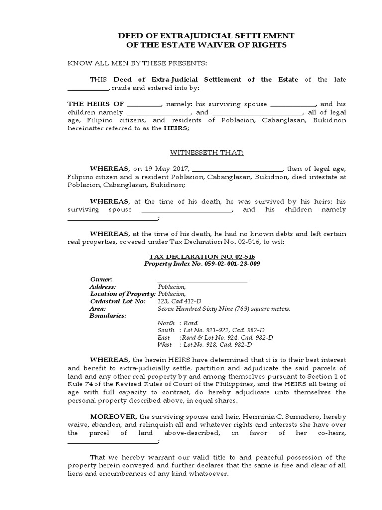 Extrajudicial Settlement with Waiver of Rights | PDF | Real Property | Deed