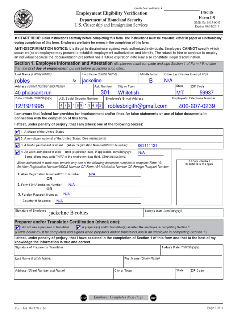 Employment Eligibility Verification Form I-9 | PDF | The United States ...
