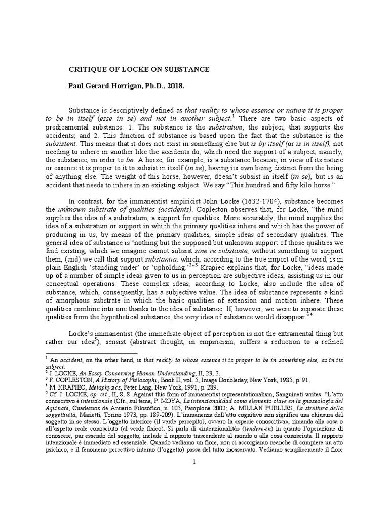 Critique of Locke On Substance PDF Substance Theory Empiricism