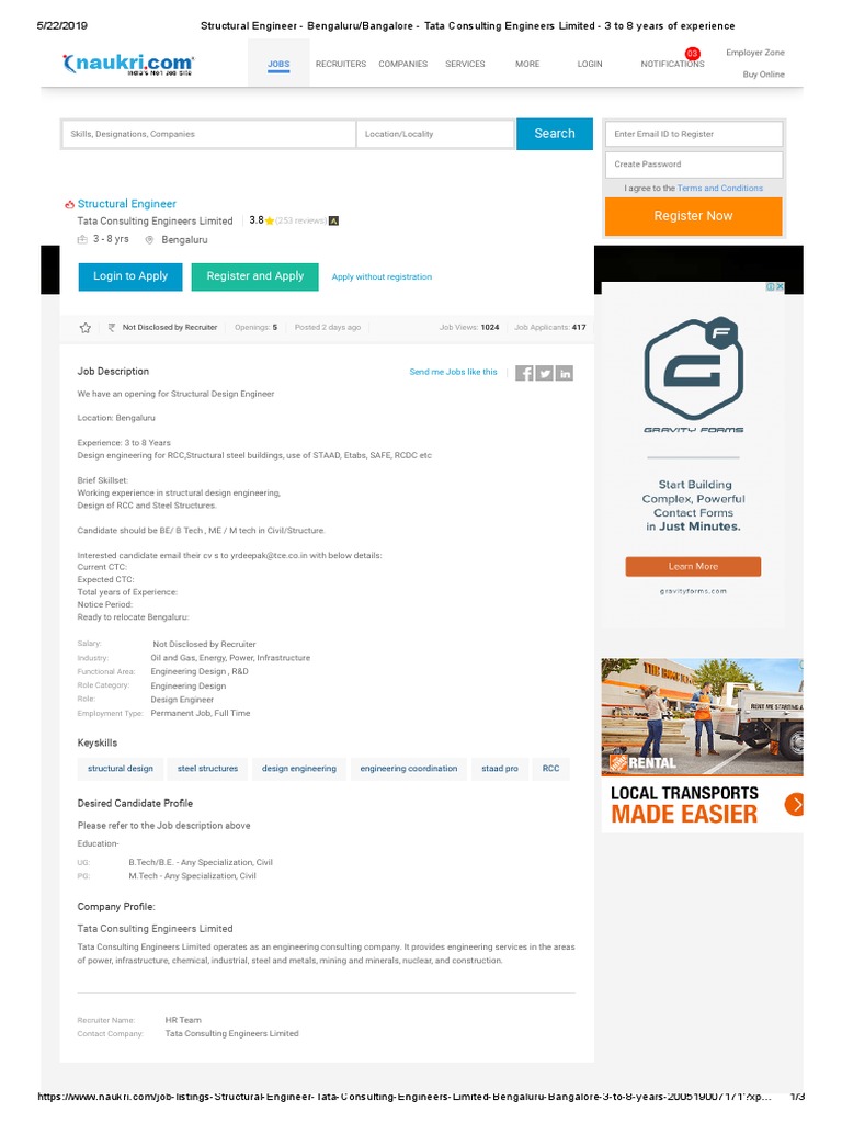 Structural Engineer Bengaluru Bangalore Tata Consulting Engineers