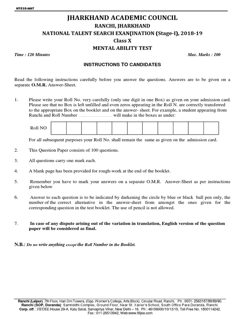 Qp Answer Key Jharkhand Ntse Stg 2018 19 Mat Question Nature