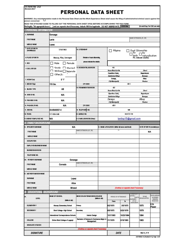 PDS CSCForm212 Revised2017 | PDF | Bachelor's Degree | Crime & Violence