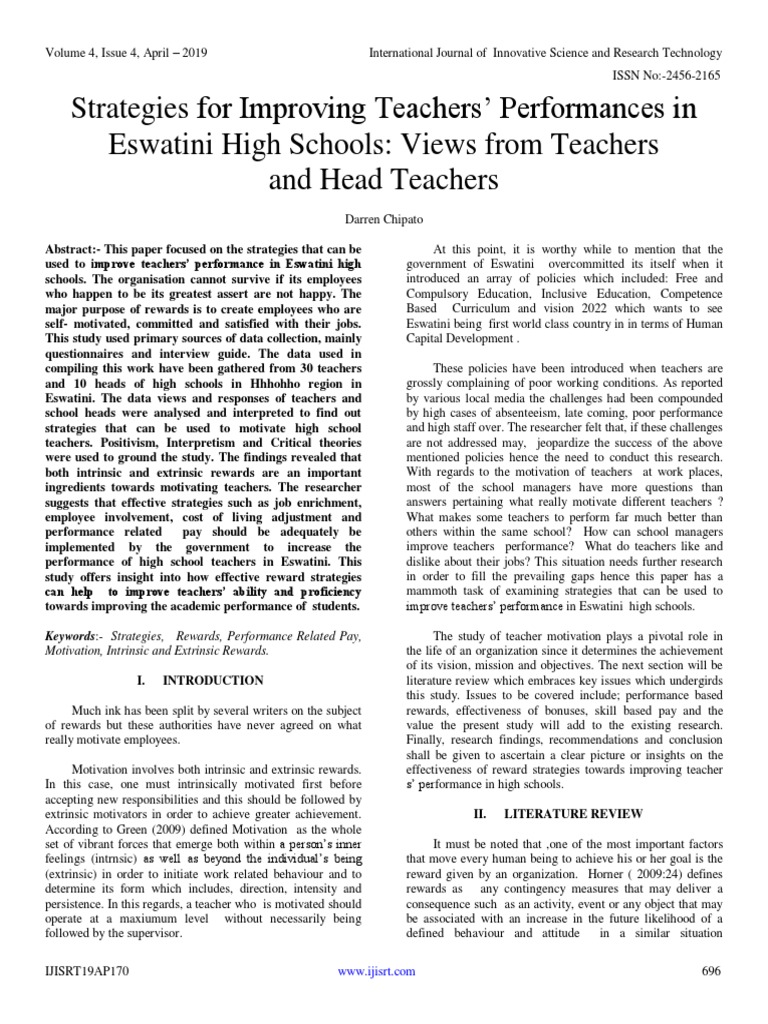 Strategies For Improving Teachers Performances In Eswatini High Schools Views From Teachers And Head Teachers Motivation Motivational