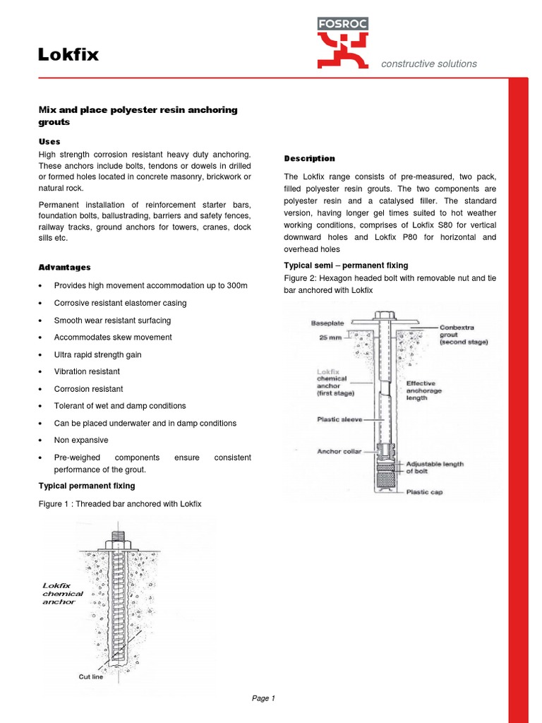 Lokfix: Mix and Place Polyester Resin Anchoring Grouts | PDF | Strength ...