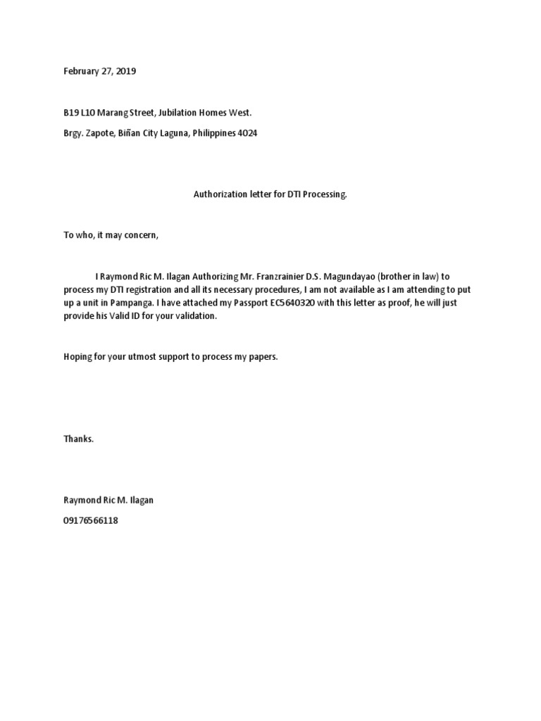DTI Authorization Letter Sample PDF