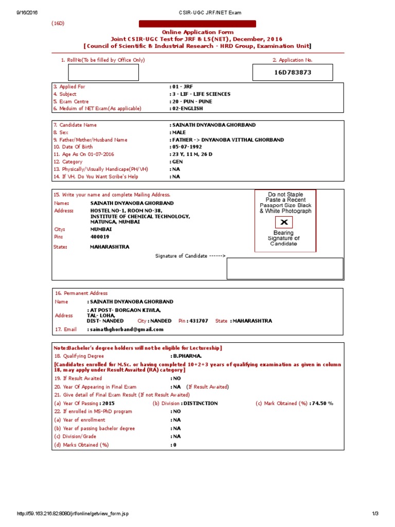 CSIR-UGC JRF/NET Exam Application | PDF | Academic Degree | Test ...