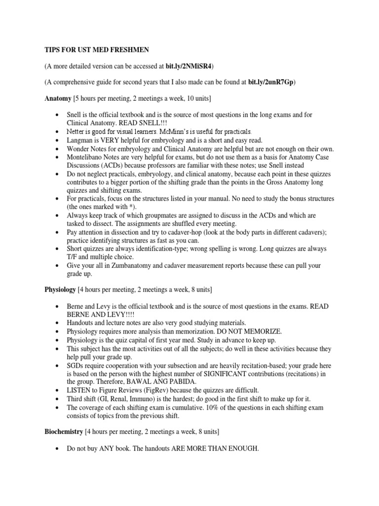 UST Med Freshman Survival Guide | PDF | Test (Assessment) | Anatomy