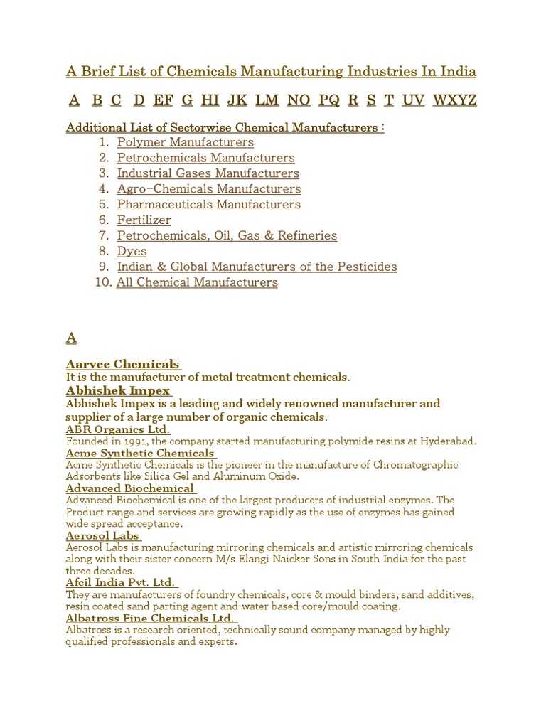 List of Chemicals Manufacturing Industries in India PDF Dye