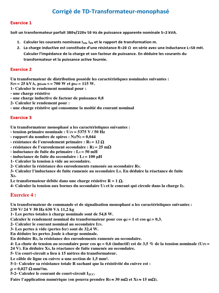Corrige de TD Transformateur Monophase PDF | PDF | Impédance ...