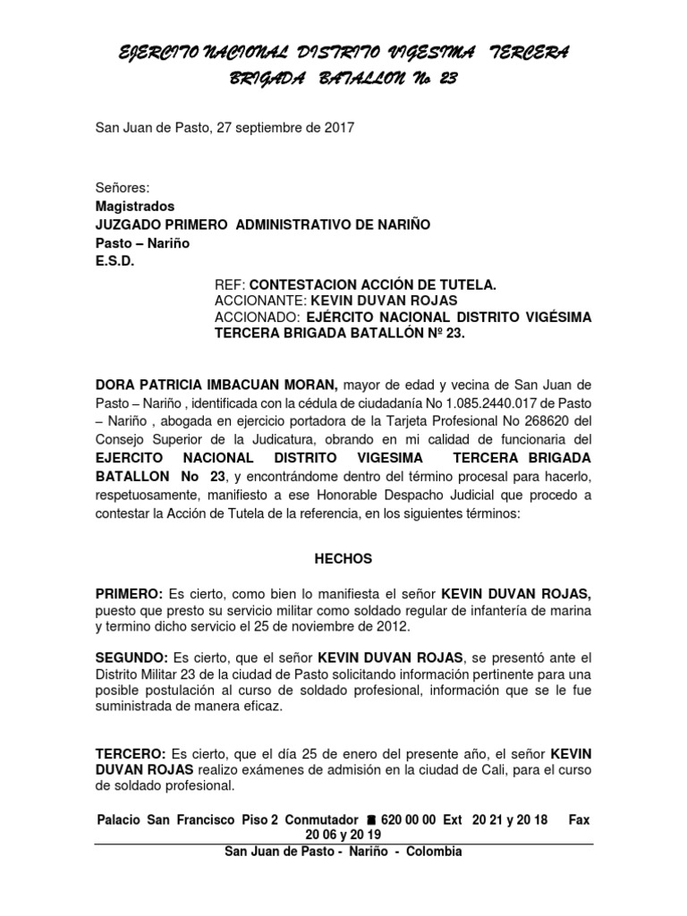 Contestación Acción de Tutela Ejército | PDF | Ley procesal ...