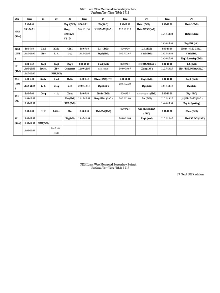 SKH Lam Woo Uniform Test Timetable 1718 | PDF | Weather
