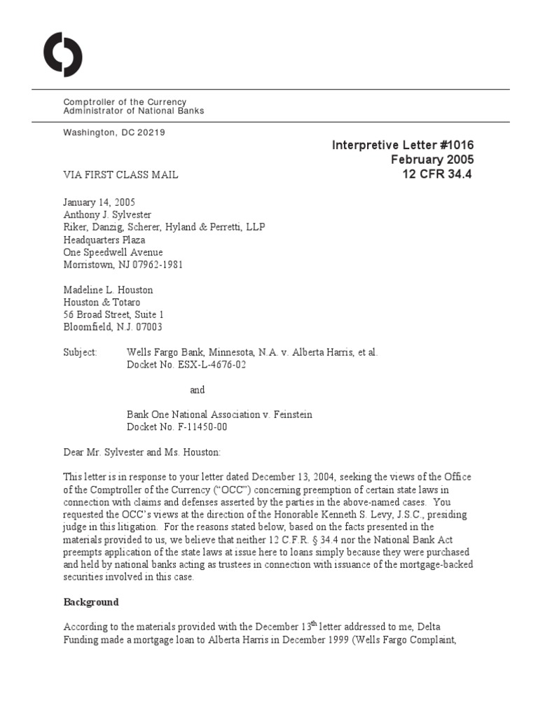 OCC Letter on Wells Fargo Preemption | PDF | Federal Preemption ...