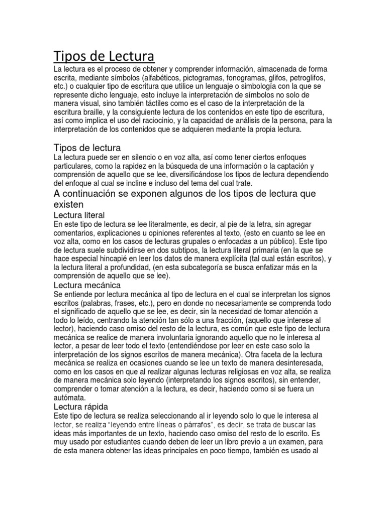 Tipos de Lectura y sus Características | PDF | Comprensión lectora ...