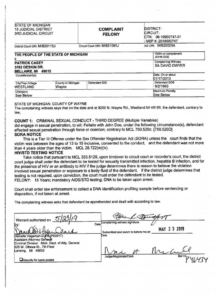 Casey Complaint and Affidavit PDF Arrest Sexual Assault picture
