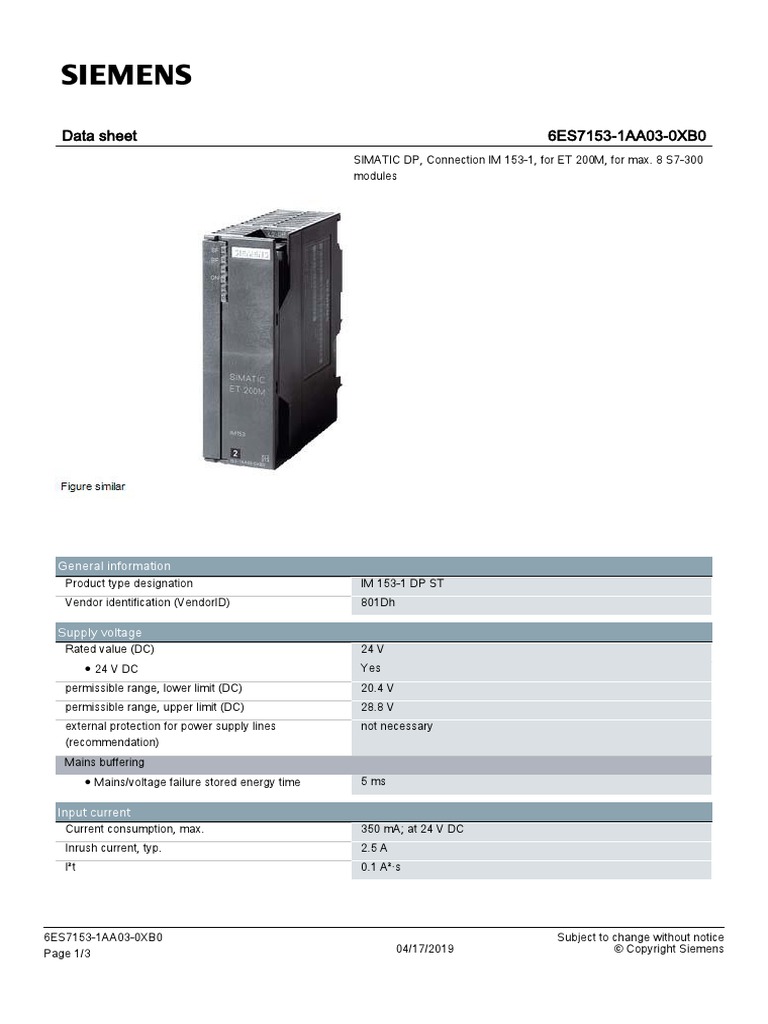 Data Sheet 6ES7153-1AA03-0XB0: General Information | PDF | Bit Rate ...