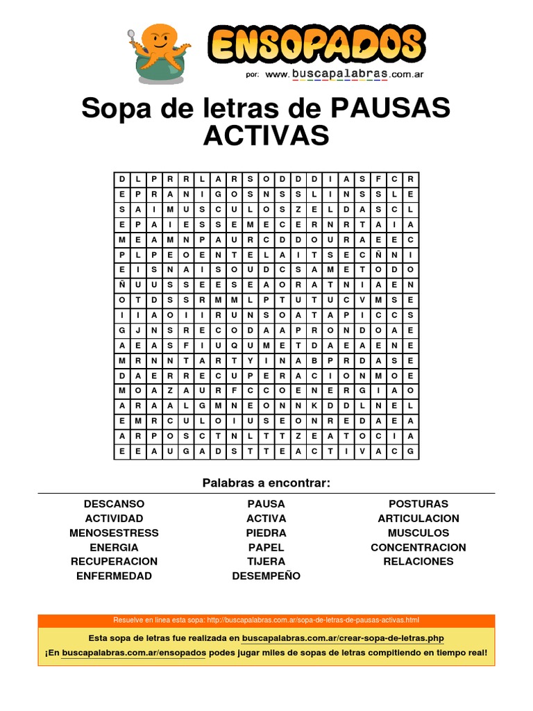 Sopa de Letras: Pausas Activas | PDF | Artes del Lenguaje y Comunicación