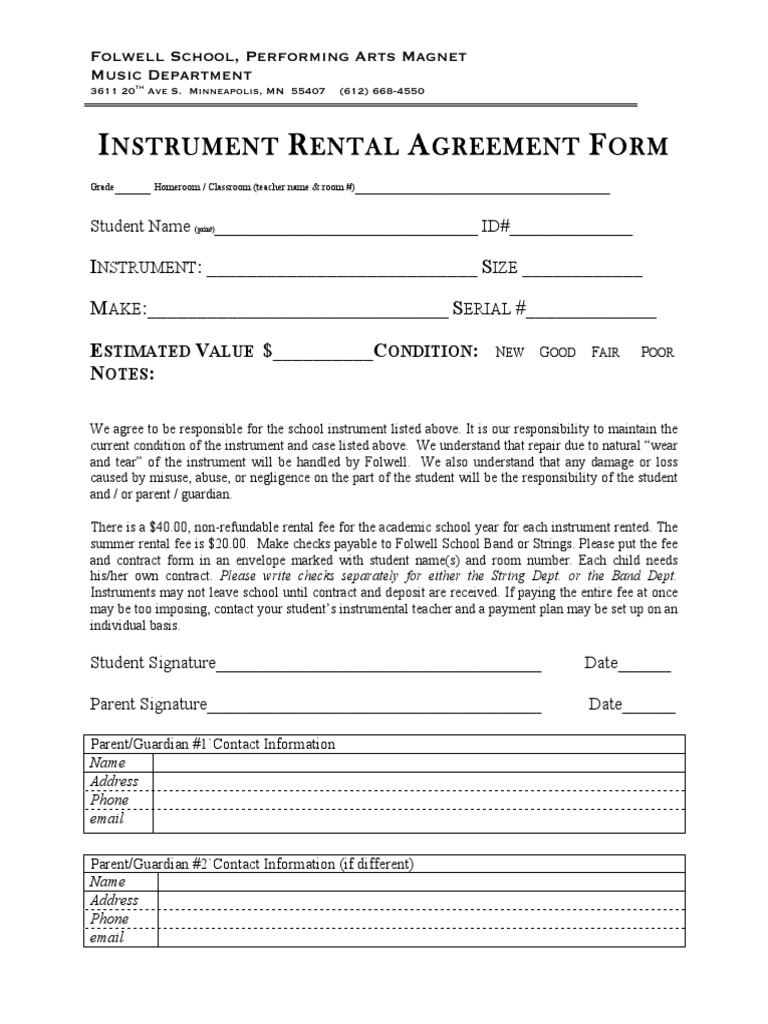 Folwell School Instrument Rental Agreement | PDF