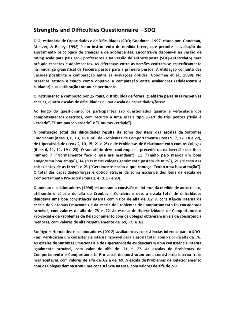 Questionário SDQ: Avaliação Psicológica | PDF | Consistência interna ...