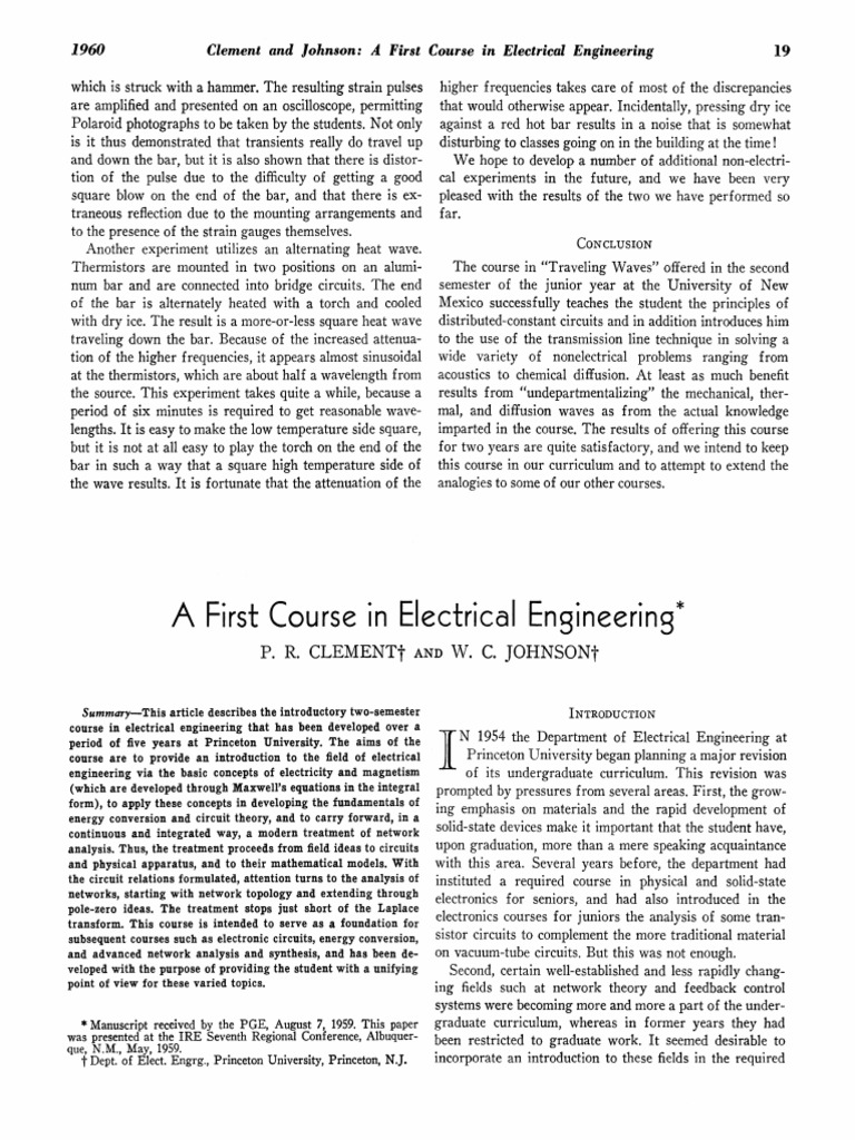 1959 A First Course in Electrical Engineering Clement & Johnson PDF