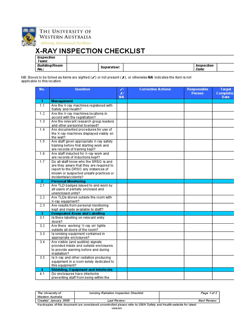 XRay Inspection Checklist Inspection Team Building/Room No
