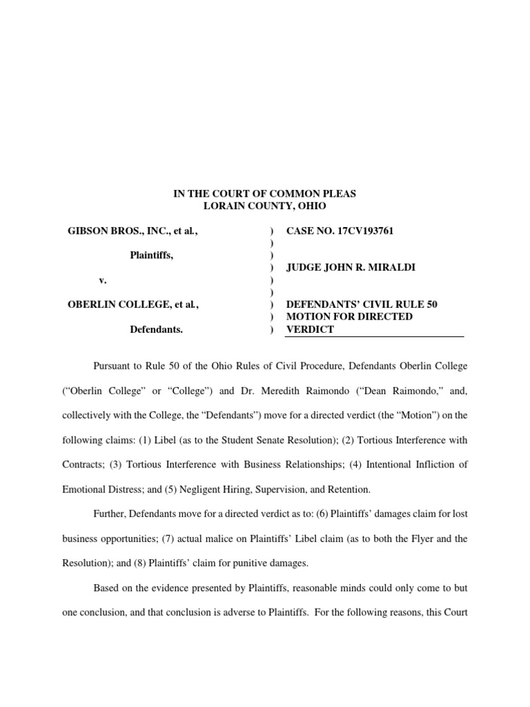 Gibson's Bakery v. Oberlin College Defense Motion For Directed