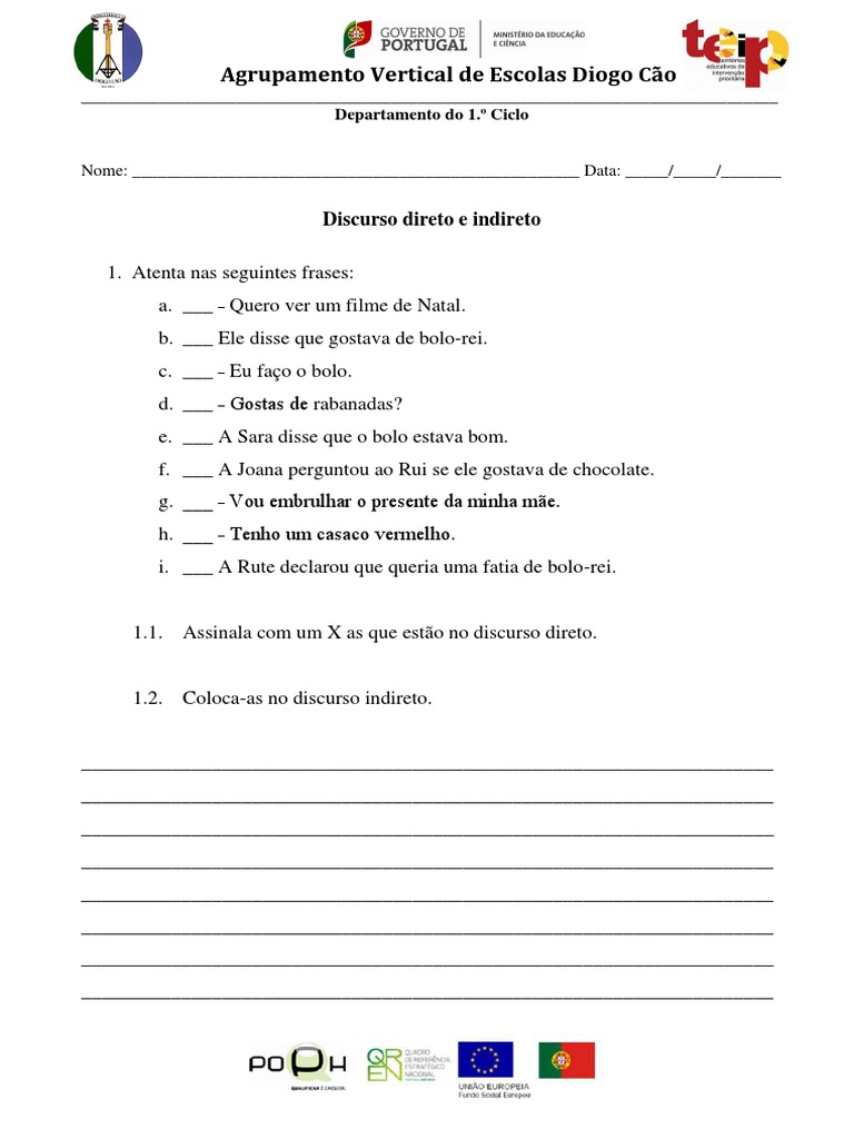 Discurso Direto e Indireto: Exercícios Práticos | PDF | Artes ...