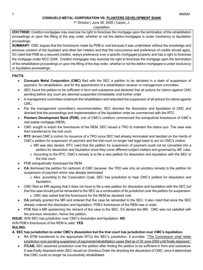 Consuelo Metal Corp. v. Planters Development Bank PDF Liquidation