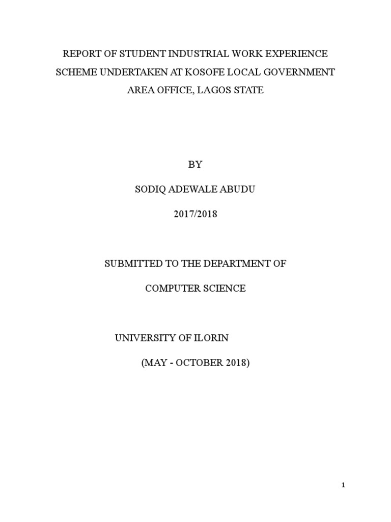 Report of Student Industrial Work Experience Scheme Undertaken at