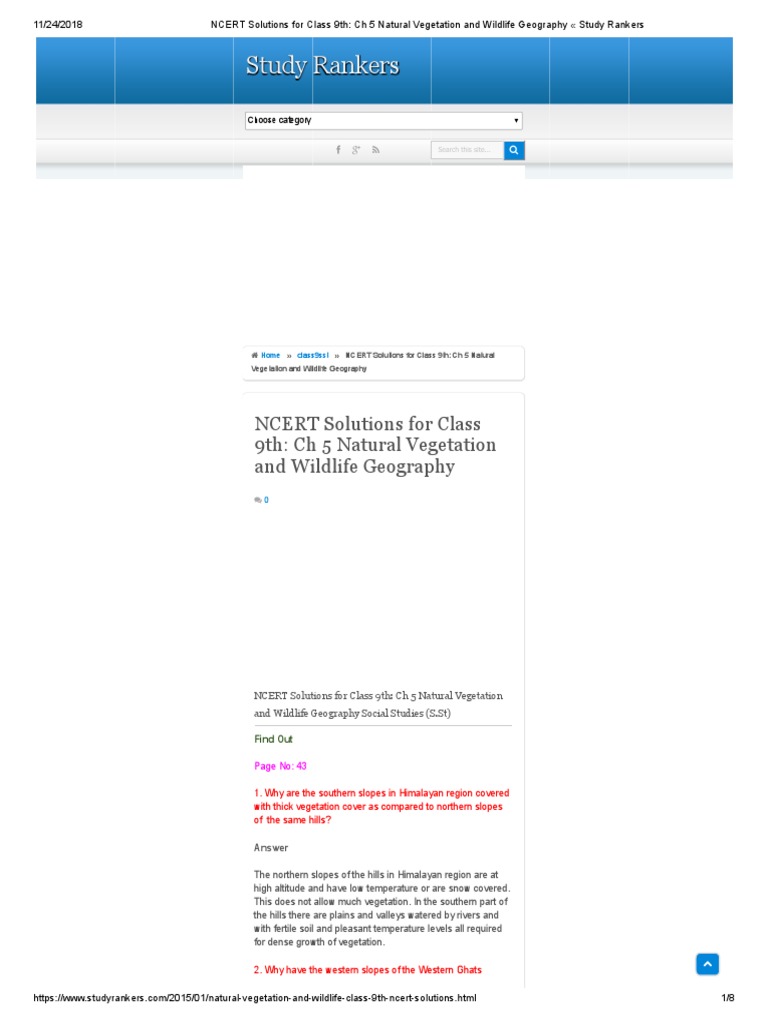 NCERT Solutions For Class 9th CH 5 Natural Vegetation and Wildlife Geography Study Rankers