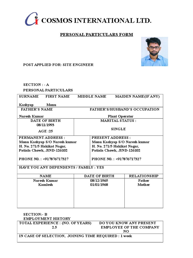 Cosmos International LTD.: Personal Particulars Form | PDF 