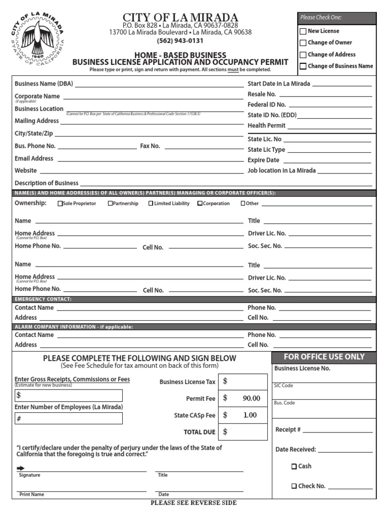 BusinessLicenseApplication-HomeBased La Mirada | PDF | License | Fee