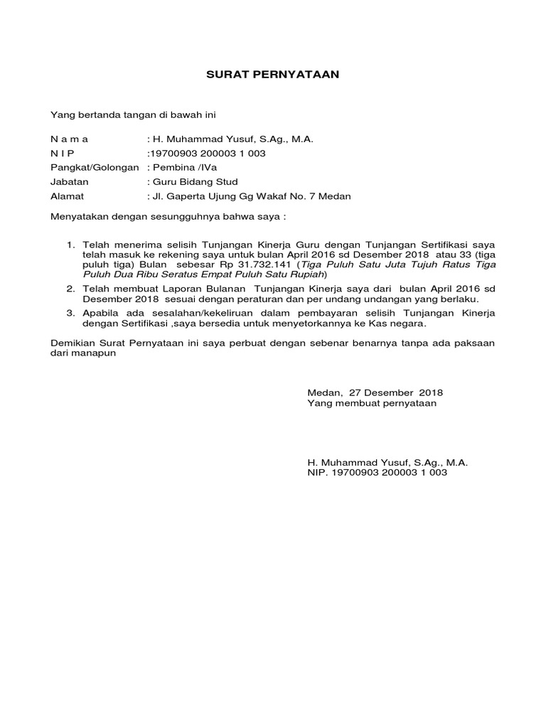 Surat Pernyataan Tukin Guru
