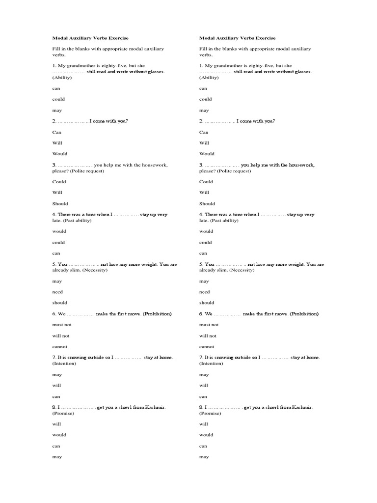 Modal Auxiliary Verbs Exercise Semantic Units Grammatical Conjugation